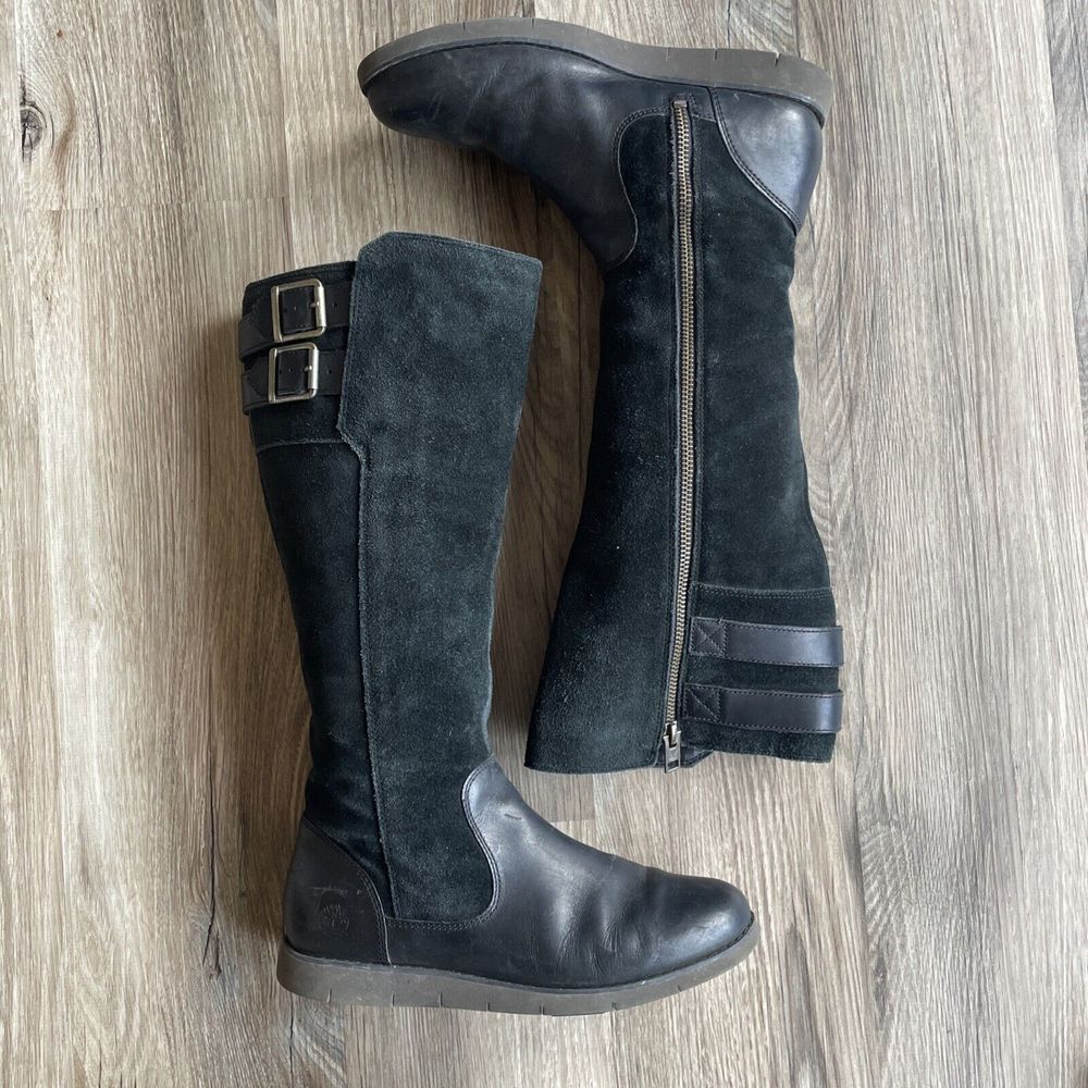 Timberland Size 6.5 Womens Lakeville Suede Leather Tall Boot‎ Black Biker Riding